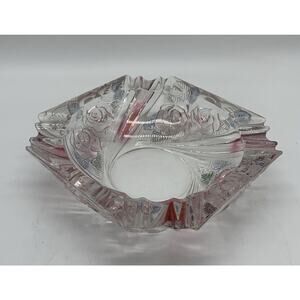 Vtg 7” Crystal Ladies Ashtray Trinket Vanity Dish Pink Roses Blue Leaves